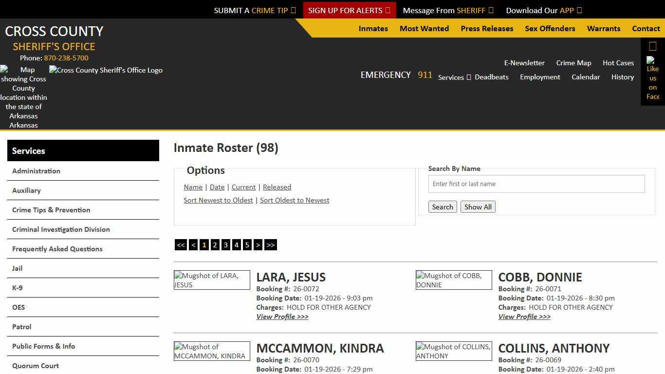 Inmate Roster - Current Inmates Booking Date Descending - Cross County Sheriff AR